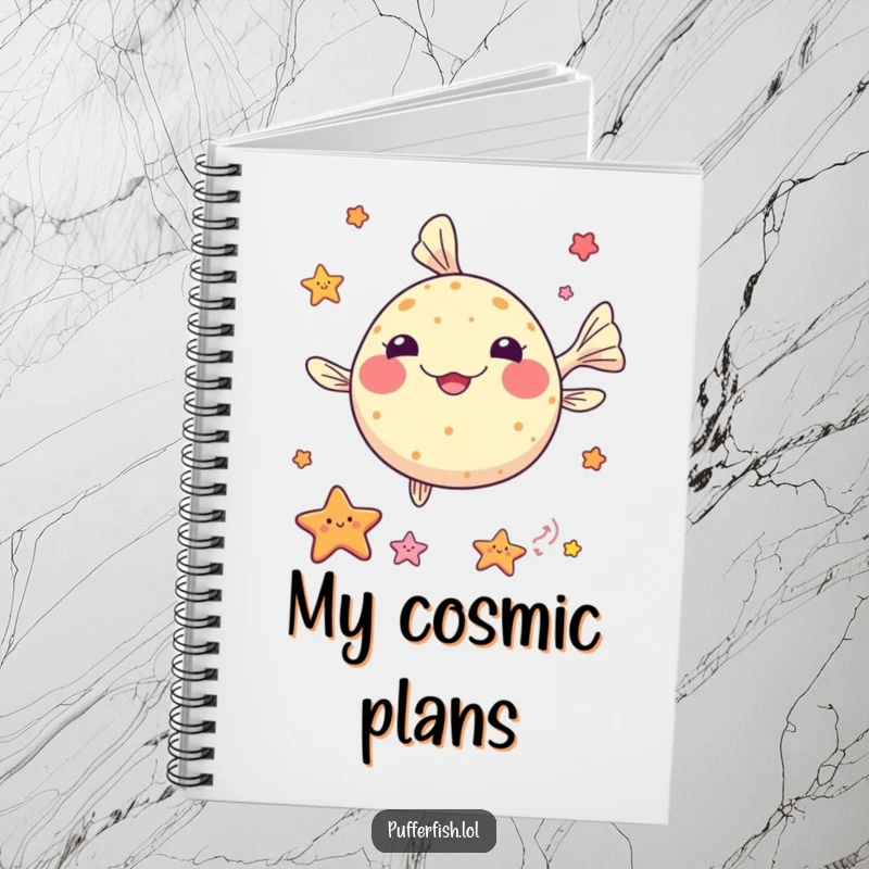 Funny kawaii pufferfish notebook, juggling colorful sea stars, perfect for jotting down thoughts and performance ideas.