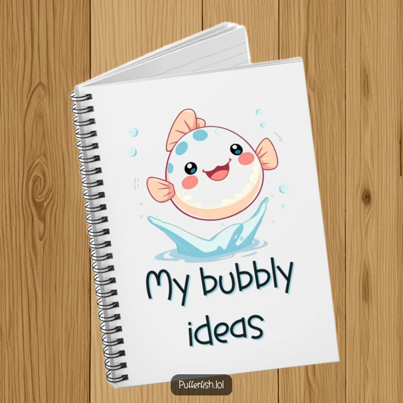 Funny Notebook with a Kawaii pufferfish joyfully leaping out of a water splash with bubbles, perfect for notes.