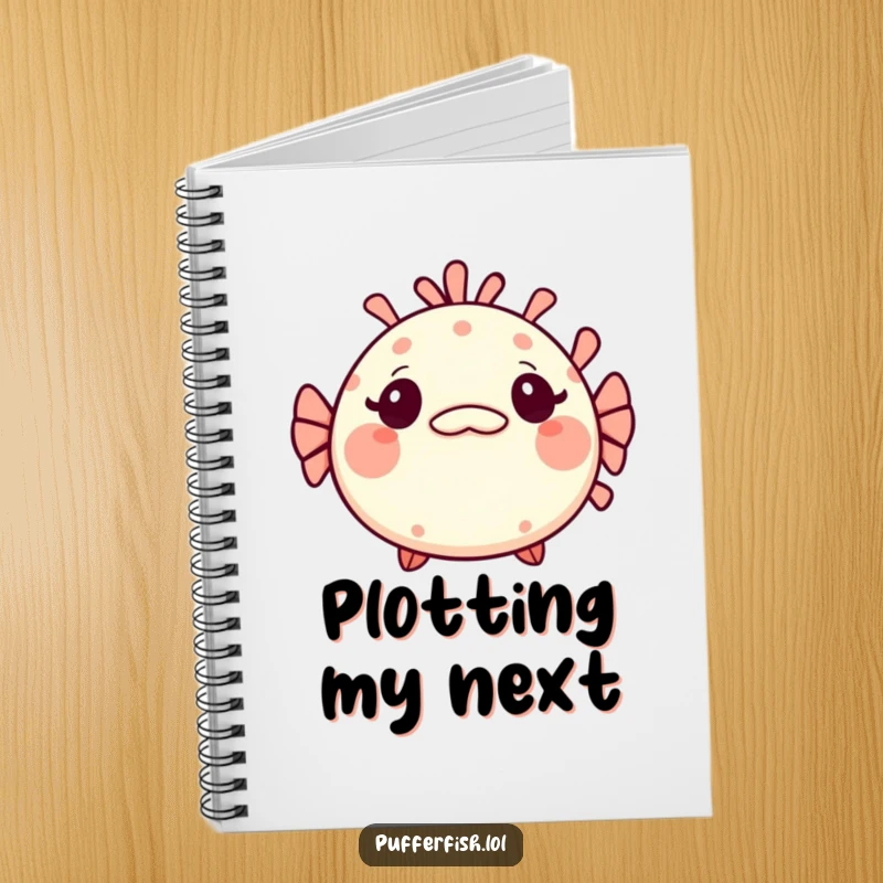 Funny Kawaii pufferfish notebook, a cute fish looking surprised with a tiny, mischievous grin, ideal for jotting down surprising notes.
