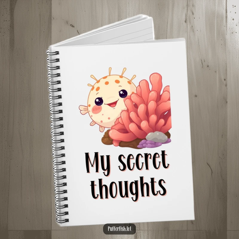Funny pufferfish notebook, humorously peeking from behind a vibrant coral, perfect for jotting down playful thoughts and secrets.