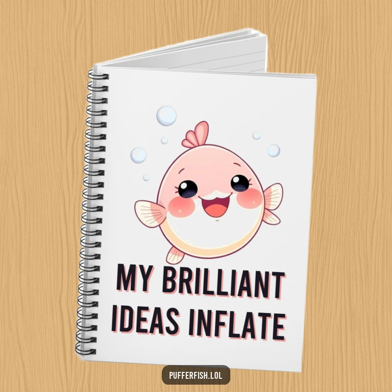 Funny pufferfish bubble notebook with a small, gleeful pufferfish swimming upwards among joyful bubbles, perfect for capturing thoughts and ideas.