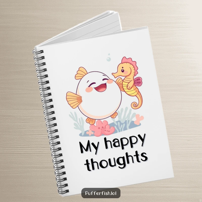 Funny notebook cover with a cute pufferfish giggling wildly as a seahorse tickles it, encouraging creativity and joy.