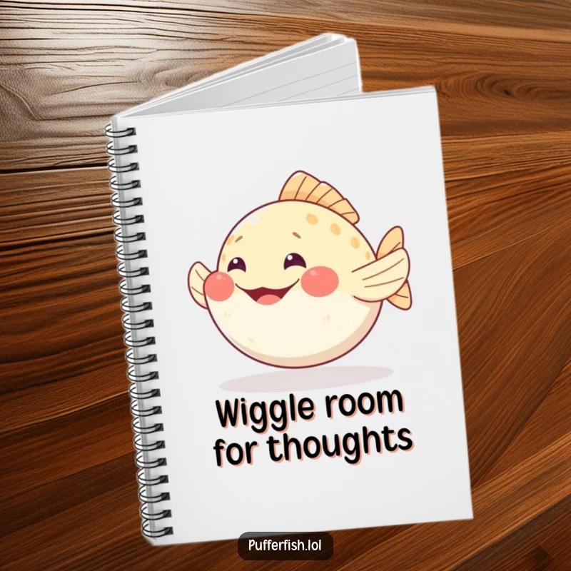 Funny pufferfish notebook wiggling fins with a wide, happy grin, a delightful journal for notes and ideas.