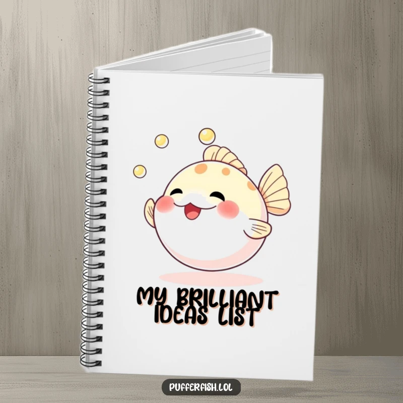 Funny notebook cover with a cheerful pufferfish enthusiastically juggling three shimmering pearls, encouraging creative expression.