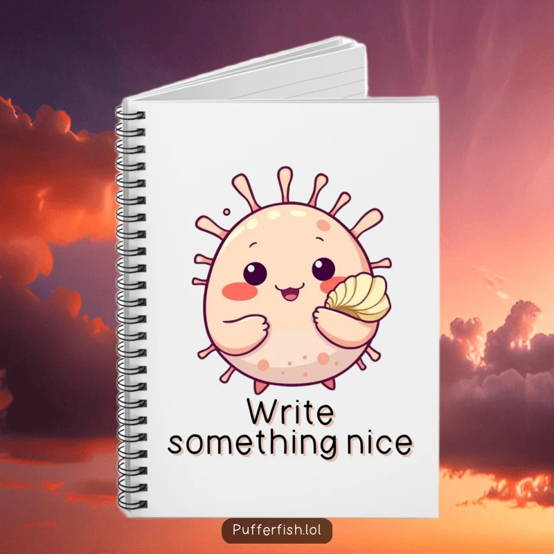 Funny notebook cover with a cute pufferfish waving a friendly greeting and offering a seashell, ideal for journaling seaside thoughts.