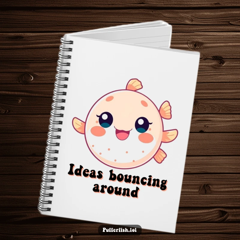 Funny notebook with a round pufferfish character bouncing like a ball, perfect for writing and drawing with a playful theme.
