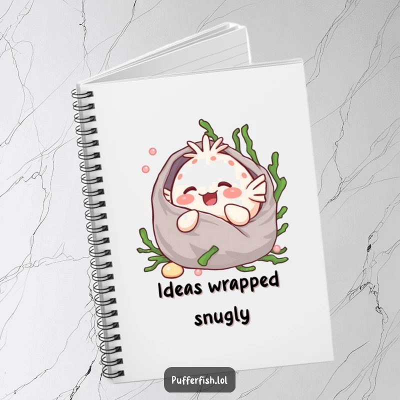 Funny Kawaii pufferfish giggling, wrapped in a seaweed blanket, on the cover of a cute notebook for writing.