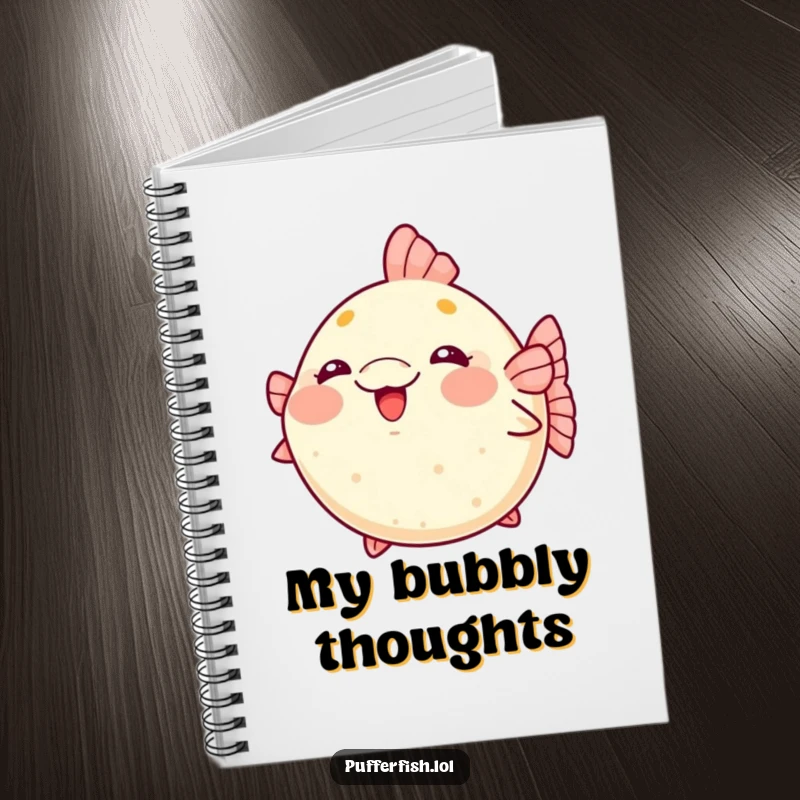 Funny kawaii pufferfish notebook blushing and puffing up excitedly, ideal for jotting notes.