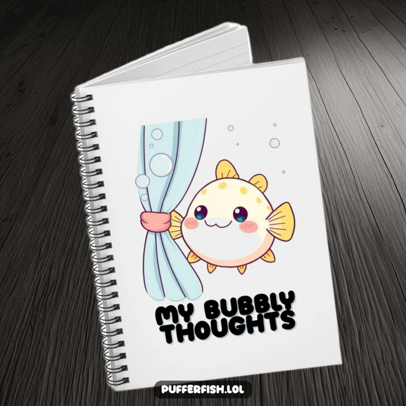 Funny kawaii pufferfish peeking from a bubbly curtain, a cute and humorous notebook for jotting down ideas and smiles.