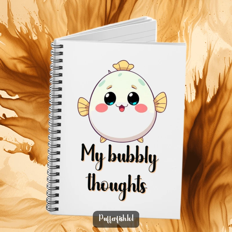 Funny kawaii pufferfish notebook, inflating with a surprised and happy expression, perfect for jotting down thoughts and doodles.