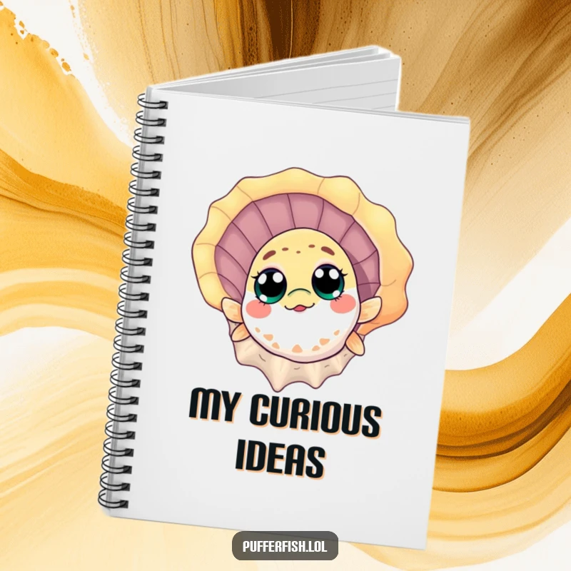Funny Notebook: A curious pufferfish peeks from a seashell, inspiring humorous notes and ocean-themed reflections.