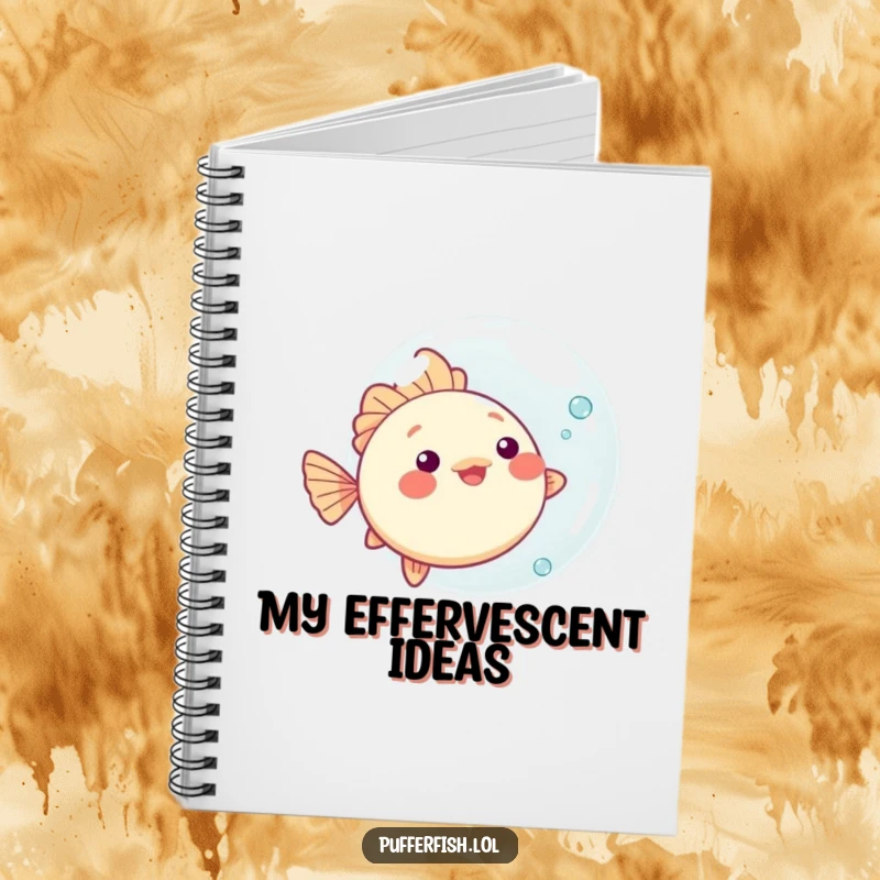Funny kawaii pufferfish notebook, playfully bouncing a large bubble, perfect for jotting down thoughts and doodles.