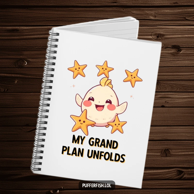 Funny Puffy Fish Notebook: A grinning fish juggles starfish on the cover, making it a humorous and inspiring journal.