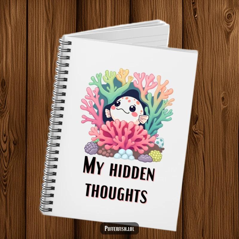 Funny Curious Pufferfish Notebook: Features a pufferfish curiously peeking from a coral reef, ideal for jotting down funny ideas and observations.