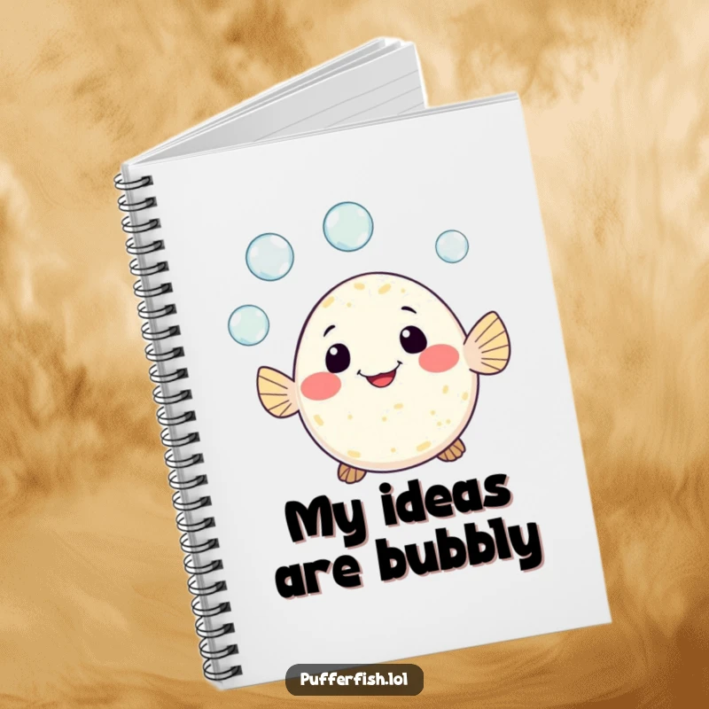 Funny notebook cover with a cute pufferfish character cheerfully juggling three tiny bubbles, perfect for capturing bubbly thoughts and ideas.
