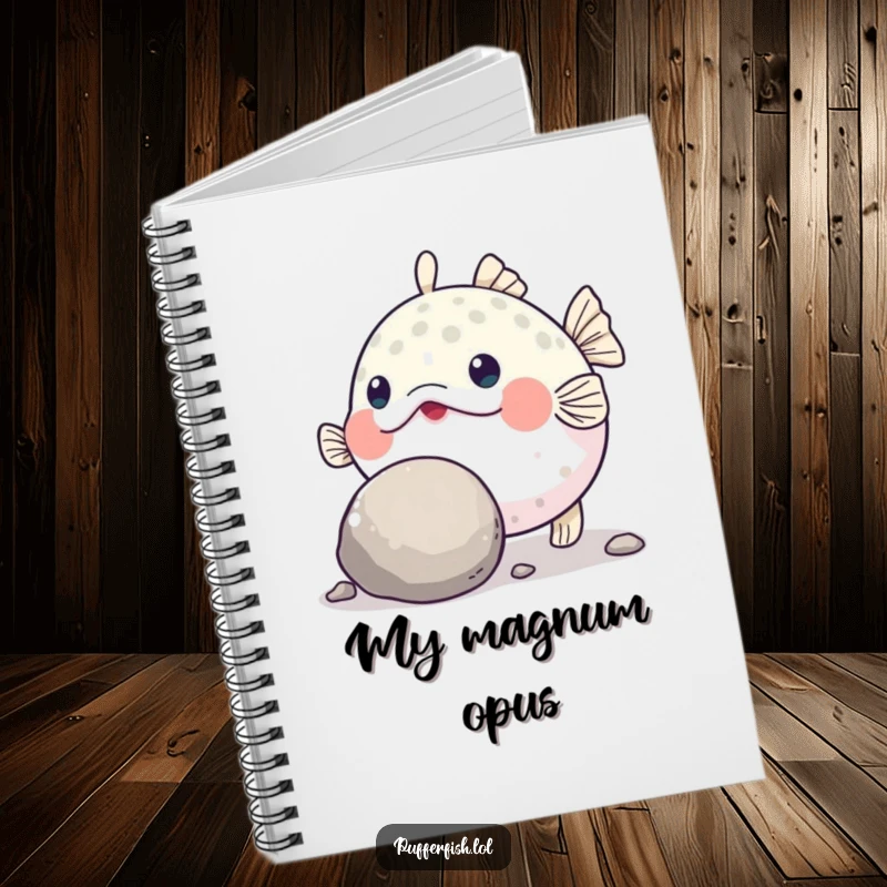 Funny Pufferfish Grit Notebook: A notebook with a funny pufferfish determinedly pushing a large, round pebble with its nose on the cover.