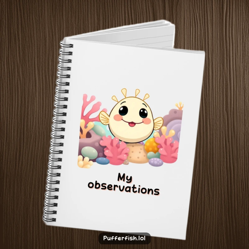 Funny Pufferfish Notebook with a smiling pufferfish curiously peeking from a coral reef, ideal for writing and brainstorming.