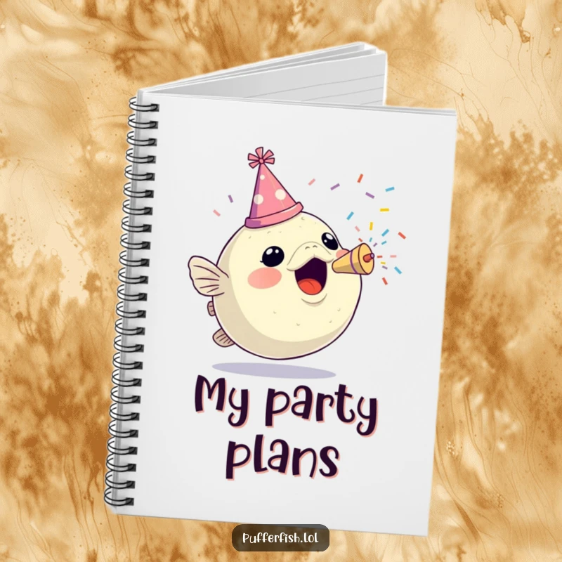 Funny notebook cover with an excited pufferfish wearing a party hat and firing a confetti popper, encouraging festive planning.