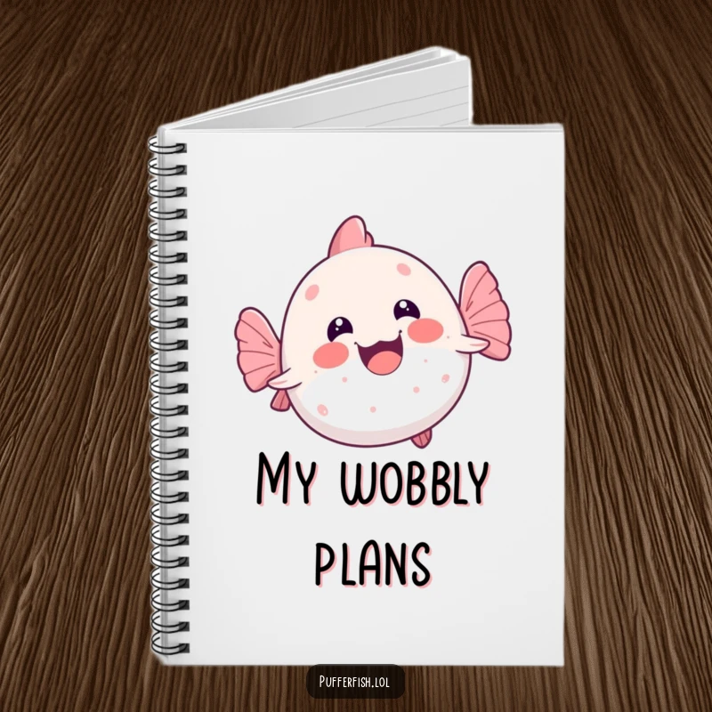 Funny kawaii pufferfish doing a joyful, wobbly swim on its back, a cute and humorous notebook for creative minds.