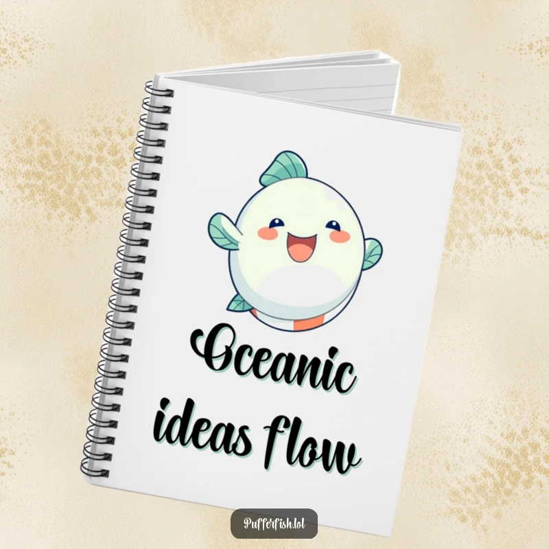 Funny Notebook with a round, inflated fish character bouncing on a beach ball on the cover, inspiring summer creativity.
