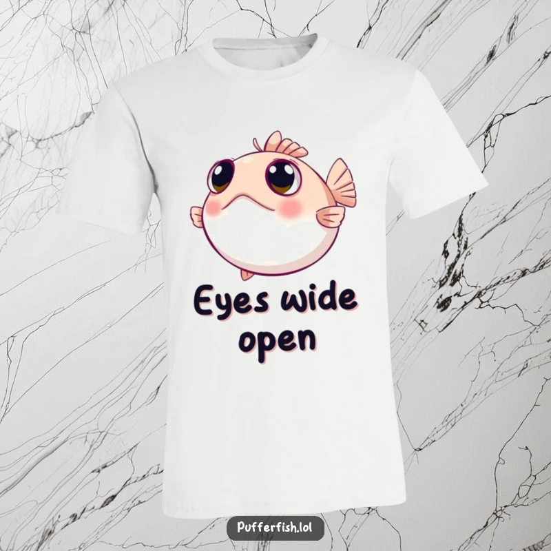 Funny pufferfish t-shirt with wide, curious eyes looking around, perfect for showcasing an inquisitive and observant nature.