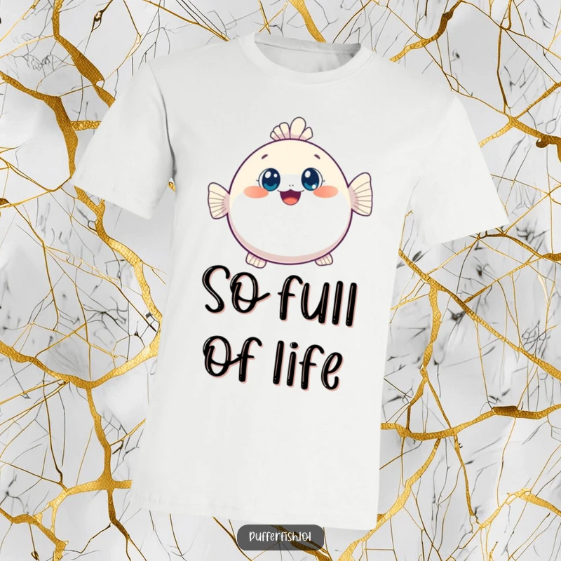 Funny t-shirt with a kawaii pufferfish joyfully inflating, its wide, curious eyes capturing a moment of adorable surprise and delight.