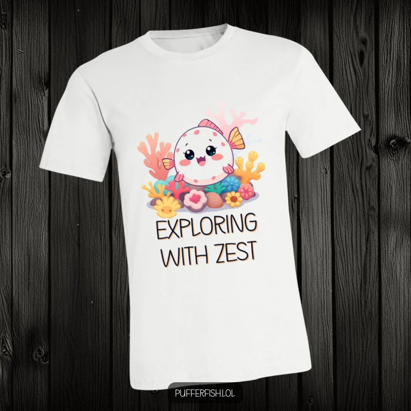 Funny Kawaii pufferfish t-shirt, a cute fish excitedly exploring a colorful coral reef, depicting a joyful underwater journey.