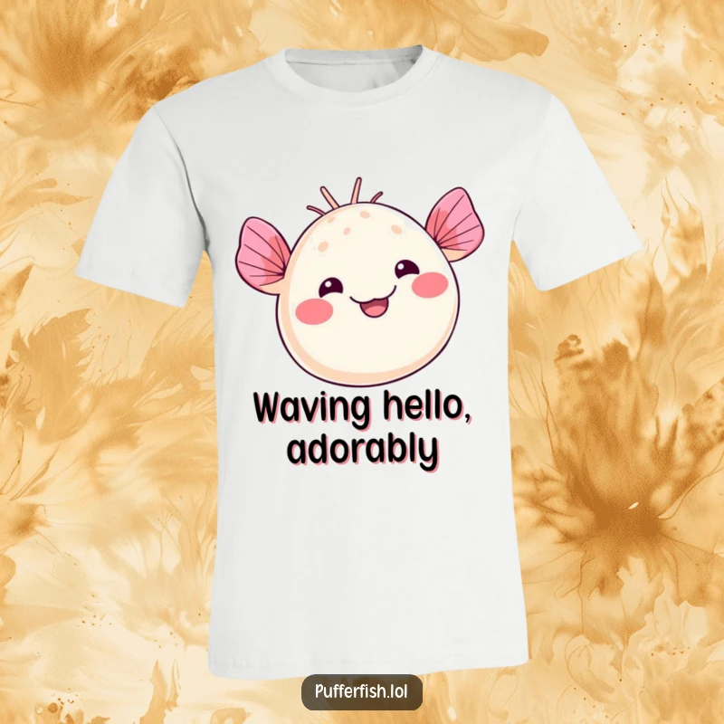 Funny kawaii pufferfish t-shirt design, happily waving fins with a silly, wide smile, showcasing playful charm, great funny gift.
