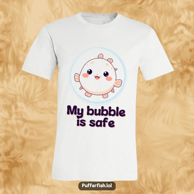 Funny Pufferfish Bubble T-Shirt: A cute pufferfish playfully peeks from behind a large bubble, embodying a sense of playful mischief.