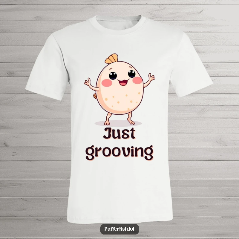 Funny Pufferfish T-Shirt: A whimsical pufferfish comically dancing with hilariously wobbly arms and legs, radiating pure, unadulterated fun.