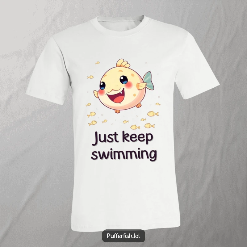 Funny Pufferfish Joy T-Shirt: A vibrant graphic of a happy pufferfish playfully darting after a school of tiny, shimmering fish.
