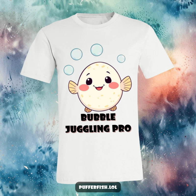 Funny t-shirt featuring a cheerful pufferfish character skillfully juggling three small bubbles with a wide, happy grin and playful eyes.