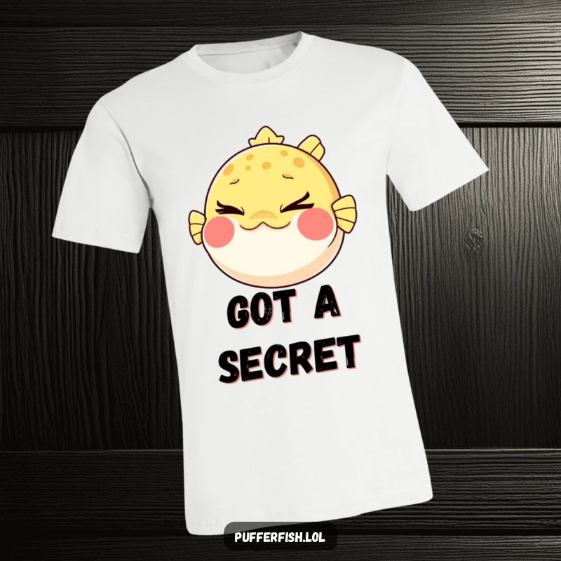 Funny Pufferfish T-Shirt: A whimsical pufferfish with puffed cheeks playfully winking mischievously, radiating charm and humor.