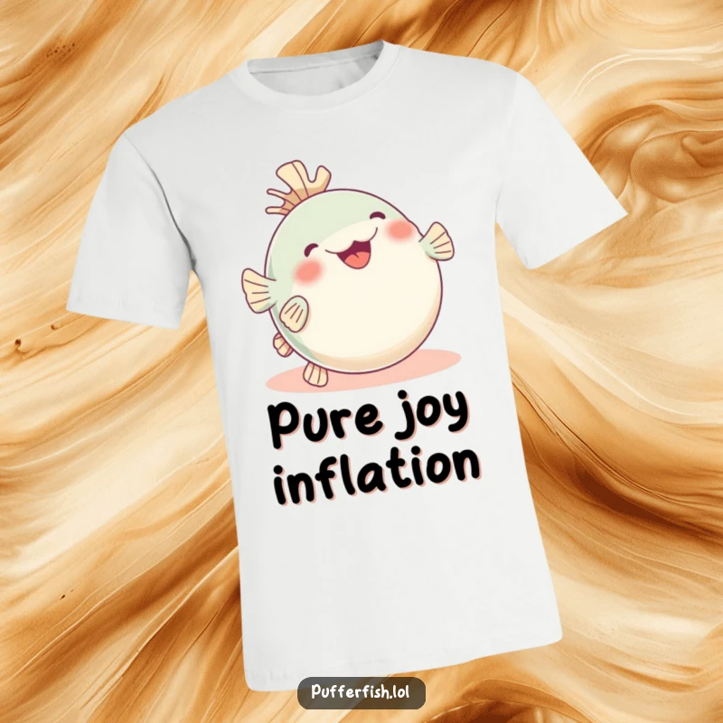 Funny pufferfish t-shirt, caught rolling on its back with supreme glee and fins up, a hilariously joyful ocean theme.