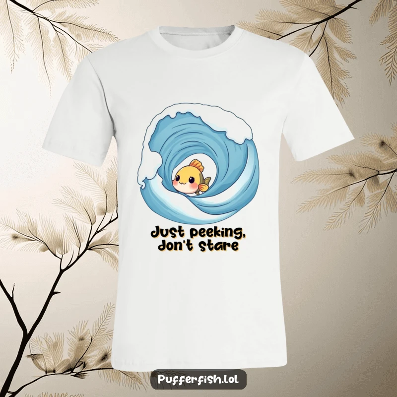 Funny Shy Fish T-Shirt: A timid fish peers out from behind a huge, frothy wave, conveying a sense of gentle curiosity.