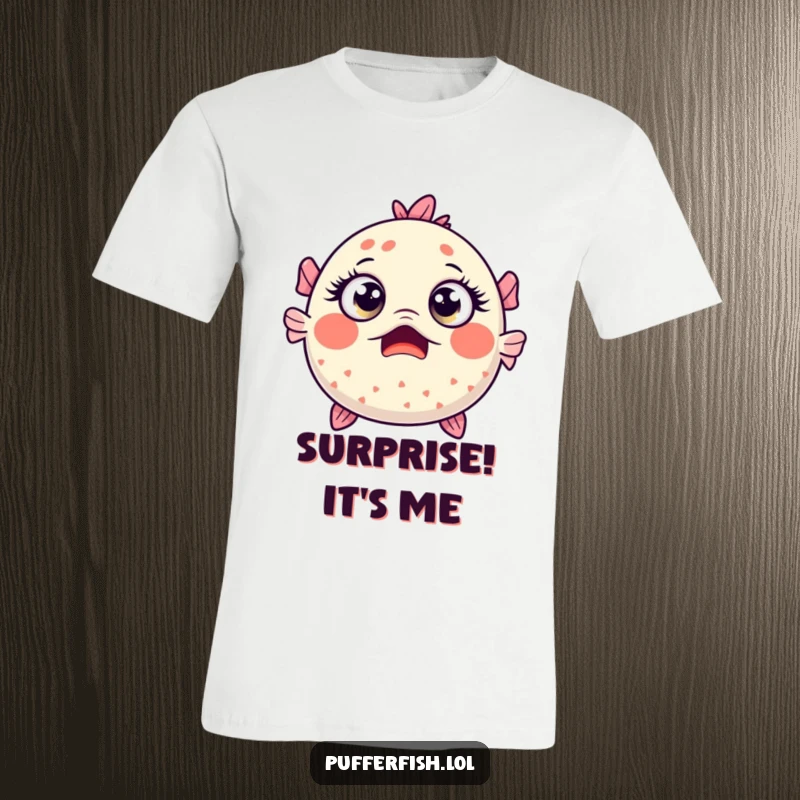 Funny Kawaii pufferfish wearing a t-shirt, showing a comical, wide-eyed surprised expression.