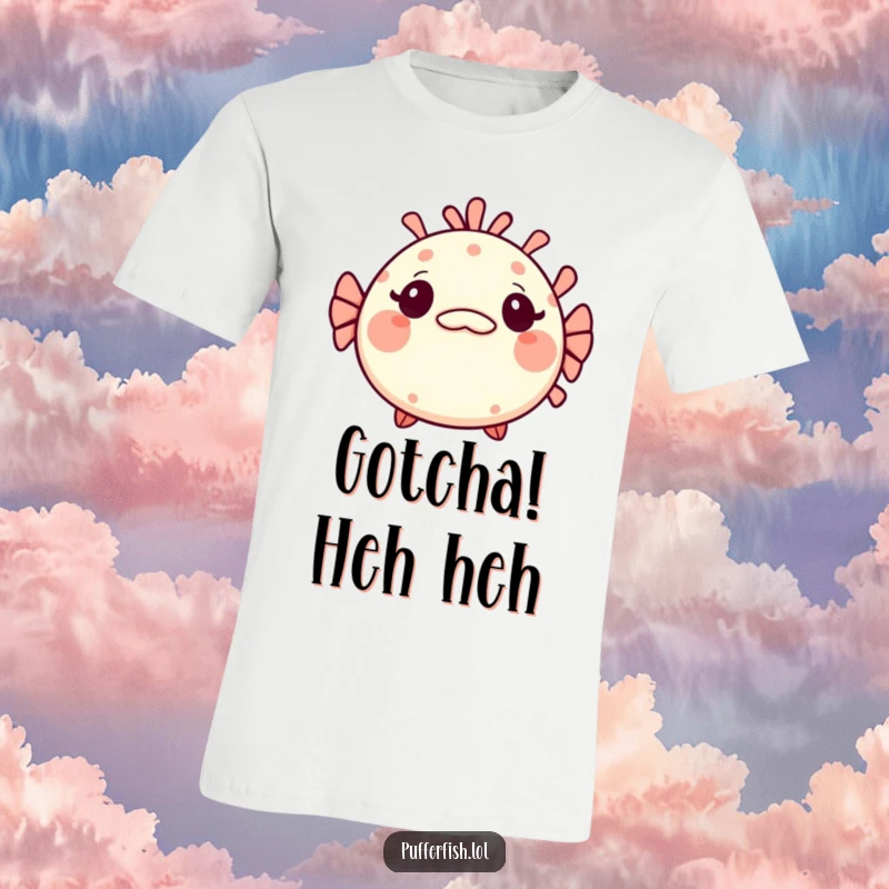 Funny Kawaii pufferfish t-shirt, a cute fish looking surprised with wide eyes and a small, sly, mischievous grin.