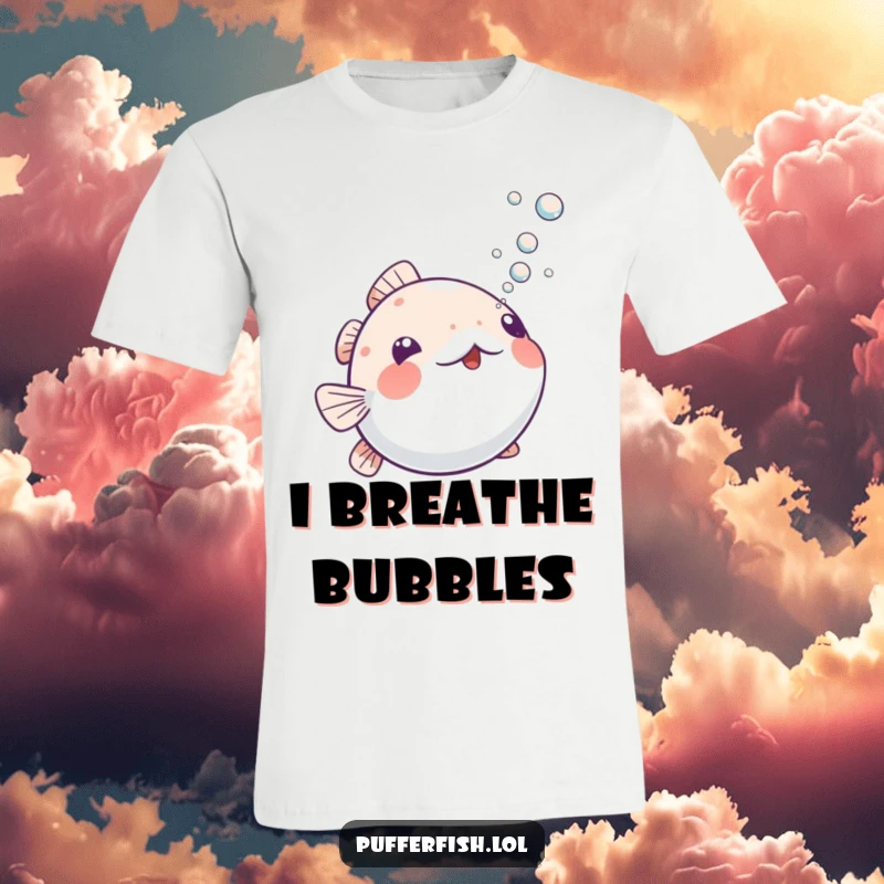 Funny Playful Pufferfish T-Shirt: Features a pufferfish playfully blowing a stream of tiny bubbles upwards, radiating underwater happiness.