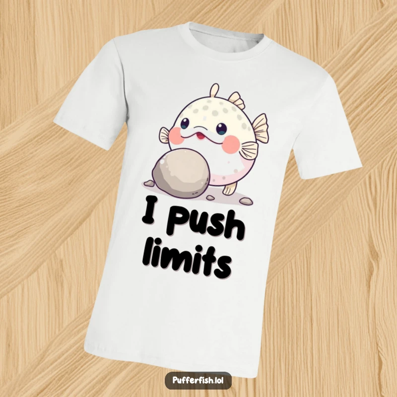 Funny Pufferfish Grit T-Shirt: A graphic tee showing a determined pufferfish struggling humorously to push a large, round pebble with its snout.