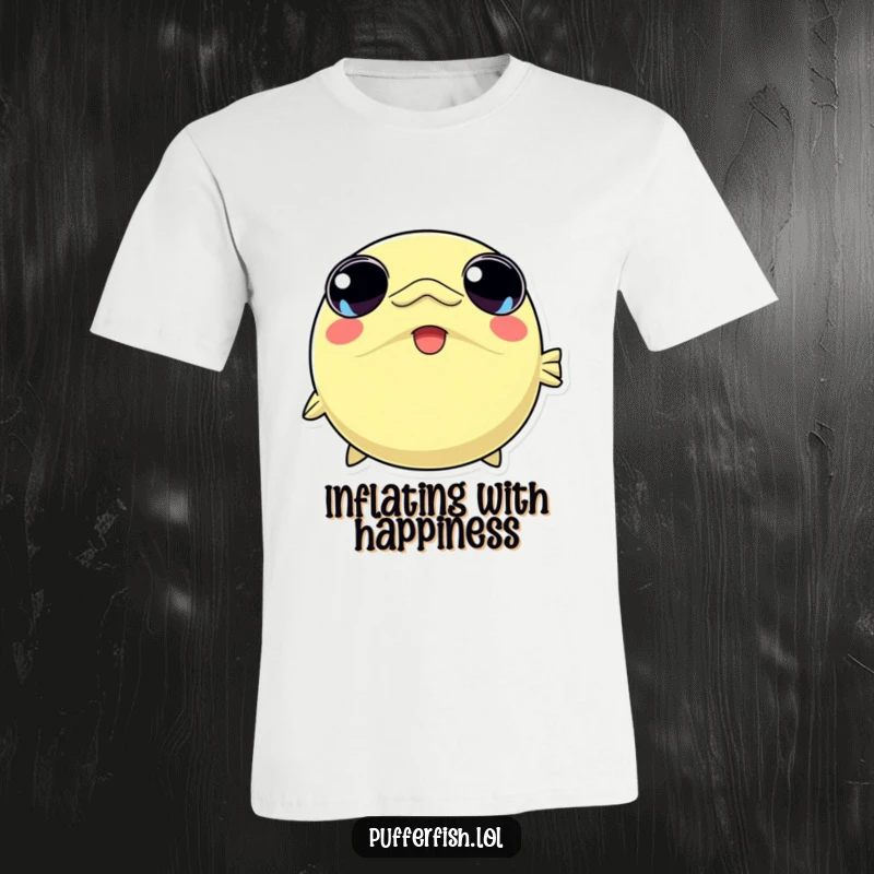 Funny t-shirt featuring an adorable kawaii pufferfish character inflating dramatically with wide, ecstatic eyes, embodying pure delight.
