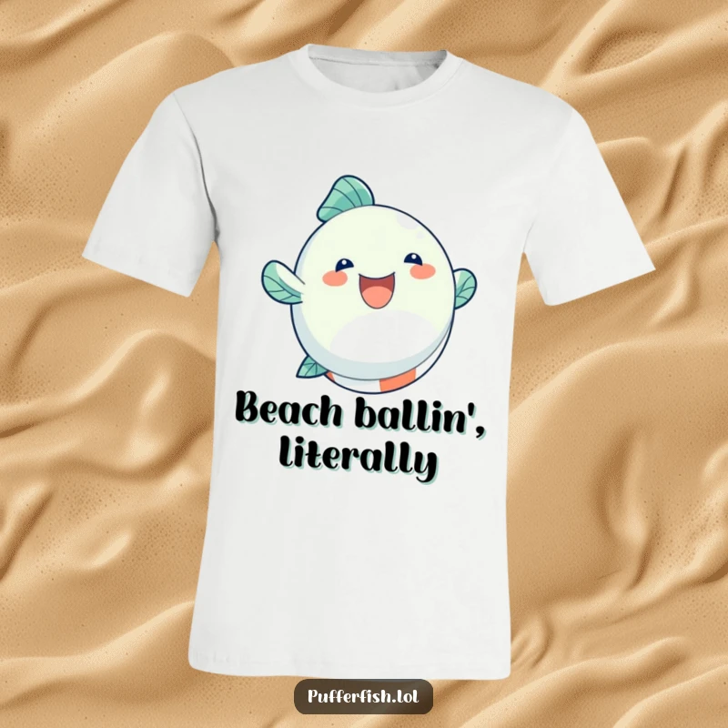Funny T-Shirt featuring an inflated, round fish character gleefully bouncing on a vibrant beach ball, embodying summer joy.