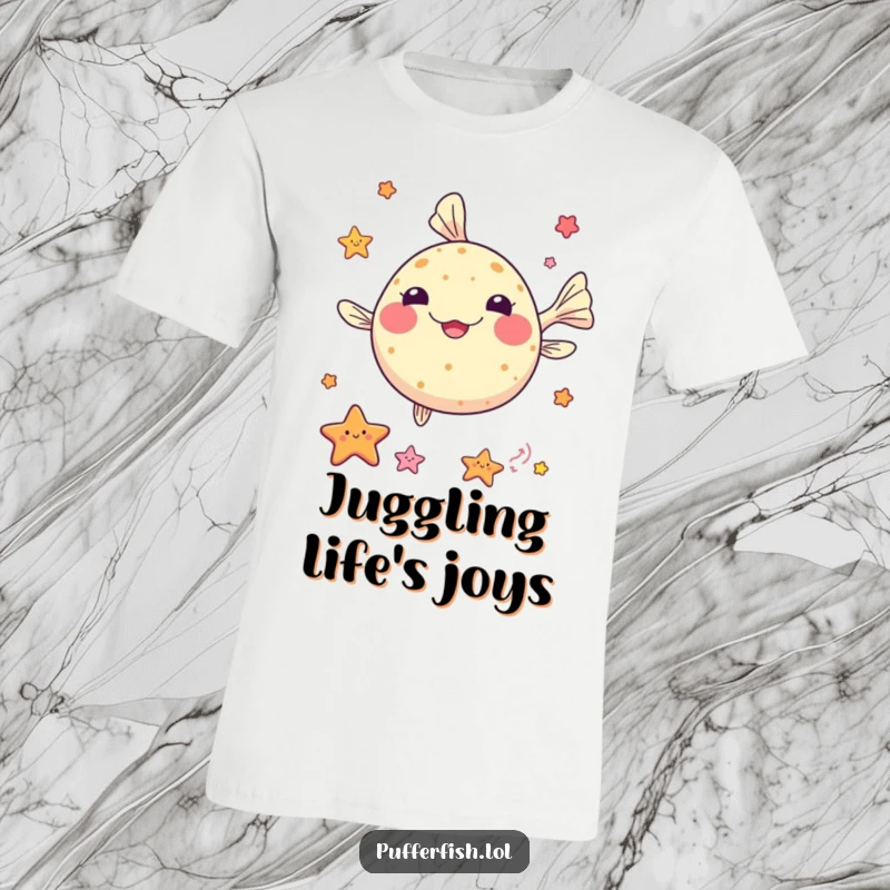 Funny kawaii pufferfish t-shirt, juggling colorful sea stars, displaying its cute and impressive underwater performance.