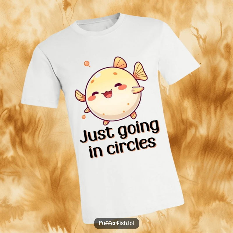 Funny Pufferfish Spinning T-Shirt: A cute pufferfish playfully spins in a circle, depicting pure joy and a fun, bubbly personality.