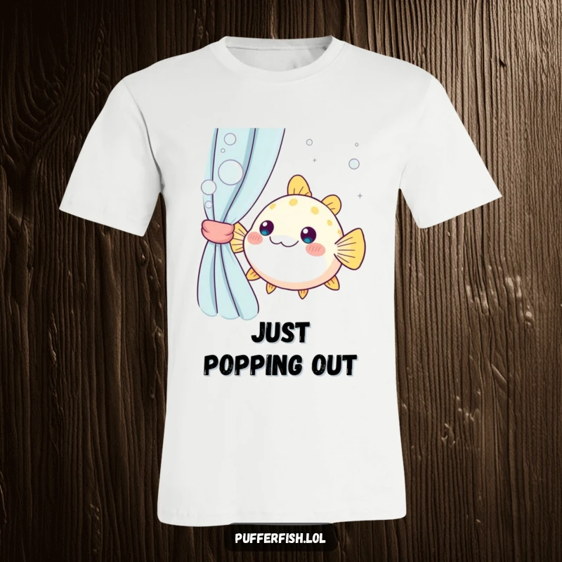 Funny kawaii pufferfish peeking from a bubbly curtain, showcasing a shy yet charming expression, great for a humorous ocean enthusiast gift.