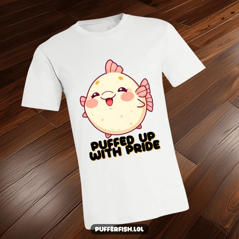Funny kawaii pufferfish t-shirt blushing and puffing up excitedly, showing adorable character.