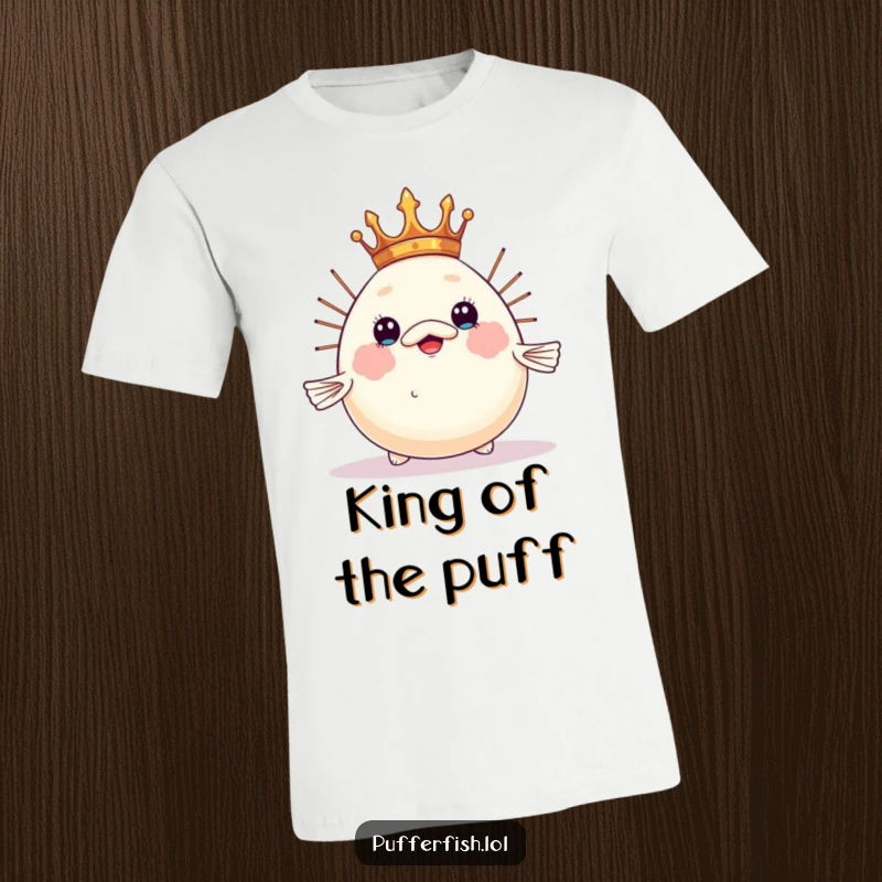 Funny pufferfish t-shirt, humorously attempting to balance a tiny crown atop its inflated head, a royal and funny design.