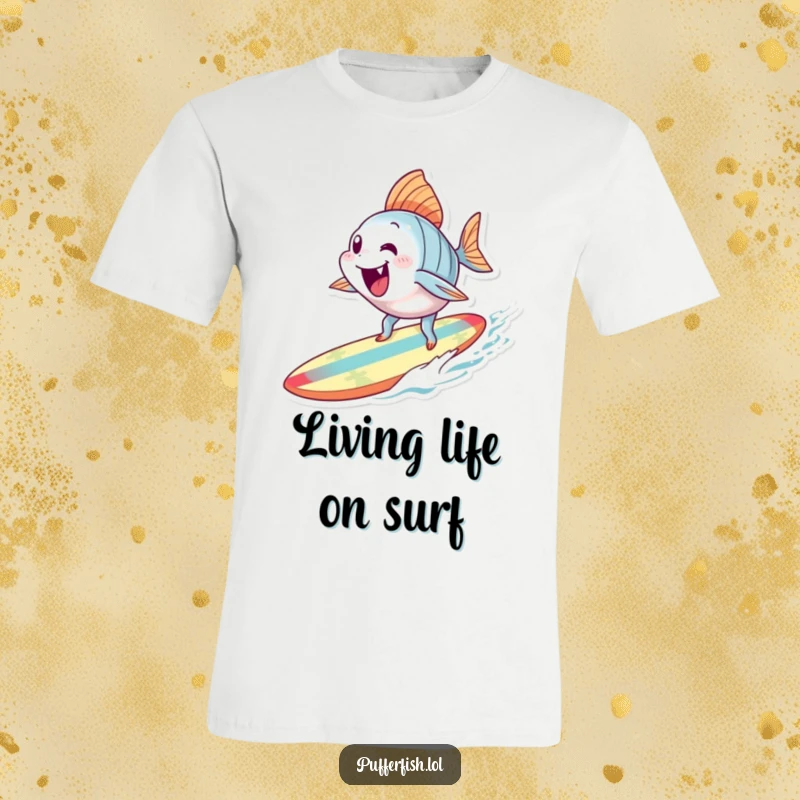 Funny Surfing Fish T-Shirt: An energetic fish character is enthusiastically trying to surf on a small, brightly colored surfboard.