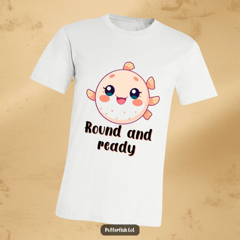 Funny t-shirt with a round pufferfish character joyfully bouncing like a ball, capturing a sense of playful movement and lightheartedness.