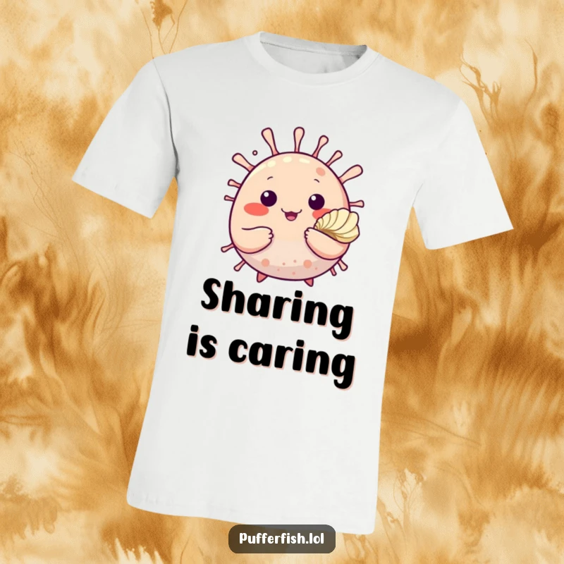 Funny t-shirt depicting a cute, round pufferfish waving hello while presenting a glistening seashell, a gesture of pure marine friendliness.