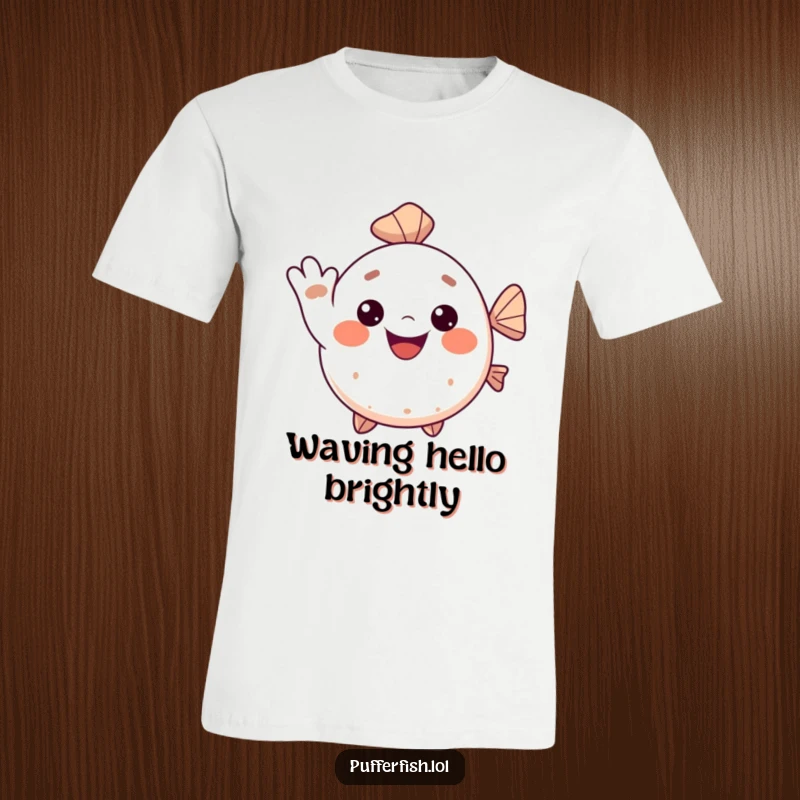 Funny Kawaii pufferfish t-shirt, a cute fish cheerfully waving with a big smile, embodying pure joy and friendliness.